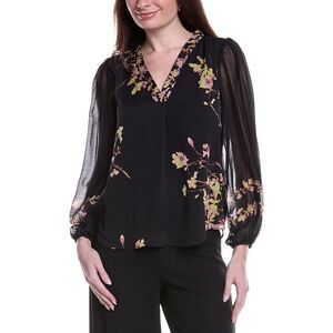 Vince Camuto Black Floral V-Neck Sheer Sleeve Blouse